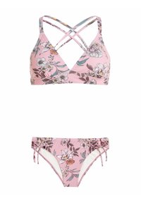 Roze cvjetni bikinijski set s dizajnom križanja na leđima, mekim materijalom, podesivim bočnim vezicama na donjem dijelu i živopisnim uzorcima cvijeća.