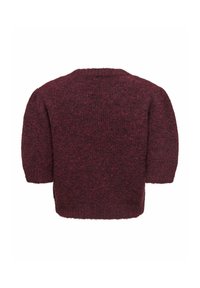 Pull en maille duveteuse bordeaux avec encolure ronde et manches trois quarts vu de dos.