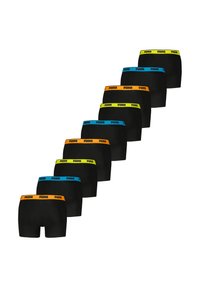 Black boxer shorts with colorful elastic waistbands in blue, yellow, and orange. Features Puma logo on bands. Eight pairs displayed.