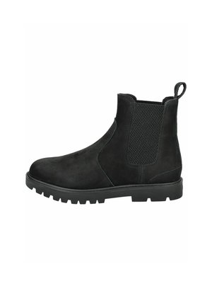 Schwarze Wildleder-Stiefeletten mit elastischen seitlichen Einsätzen, Zuglasche und strukturierten Gummisohlen. Glatte Oberfläche mit kontrastierenden Nähten und Akzenten.