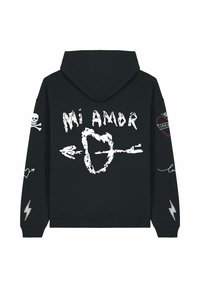 Felpa nera con cappuccio caratterizzata da testo bianco "Mi Amor", design con freccia, grafiche di teschi e cuori, e accenti a forma di fulmine sulle maniche.