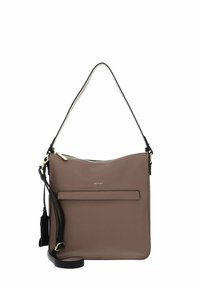 Brown leather shoulder bag with a smooth texture, zip closure, front pocket, and contrasting black strap accents. Gold hardware details.