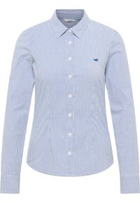 Button-up shirt featuring a blue and white striped pattern, long sleeves, classic collar, and a small logo on the left chest.