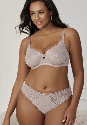Lace bra and brief set in light beige with a leopard pattern, featuring underwire, adjustable straps, and a decorative bow detail.
