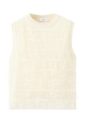 Romige, mouwloze, gebreide gilet met een ronde hals en horizontale, getextureerde strepen, met het label MNG, plat uitgestald.