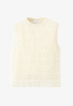 Romige, mouwloze, gebreide gilet met een ronde hals en horizontale, getextureerde strepen, met het label MNG, plat uitgestald.