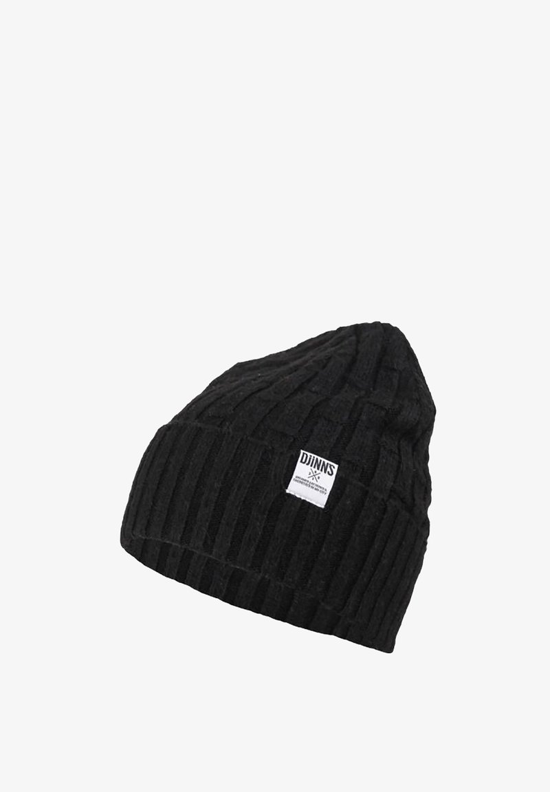 Black knitted beanie with vertical ribbing texture, pointed top, and a small white logo patch on the side. Lightweight, warm fabric.