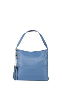 Blauwe leren schoudertas met een soepele textuur, enkele handgreep, zij-tassel detail en decoratieve kettingaccent. Eenvoudig, gestructureerd ontwerp.