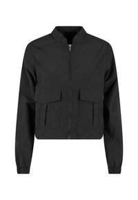 Mustmust värviga lühike bomber jacket, mis on tehtud kergest kangast. Omab lukuga esiosa, püsti kaelust ja kahte eesmist taskut. Sile tekstuur.