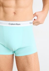 Licht turquoise Calvin Klein boxers met een witte tailleband die is voorzien van grijze en zwarte accenten. Glad textuur en een aansluitend ontwerp.