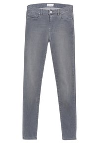 Jeans de denim gris con un ajuste slim, diseño de cinco bolsillos y cierre de botón estándar. Textura suave con un desgastado mínimo y sin distensiones visibles.