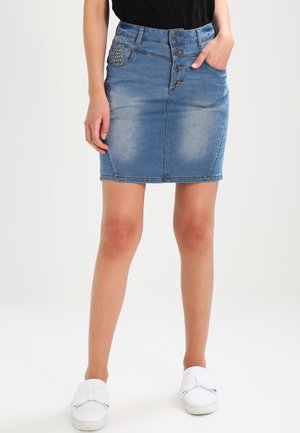 Denim rok in lichtblauw, getailleerde pasvorm, tot halverwege de dij, met knoopsluiting, decoratieve studs op de zak, klassiek ontwerp met vijf zakken.