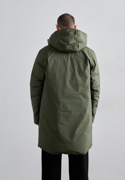 Olive green padded parka with a hood, medium length, smooth texture, and a slightly gathered waist detail. No visible fasteners or patterns.