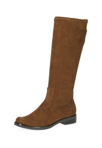 Botte haute en daim marron, avec un bout arrondi, une texture lisse, des coutures minimales et un talon bloc noir. Le design présente un style à enfiler.