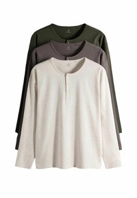 Three long-sleeve henley shirts in stacked arrangement, colors white, gray, and dark green, with button plackets on the front.