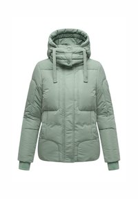 Light green padded jacket with a high collar, adjustable drawstring hood, and two large front pockets. Soft texture and button closure.