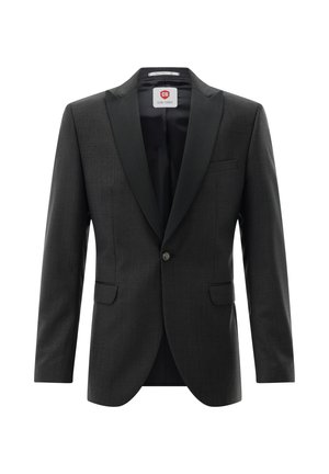 Dunkelgraue Smokingjacke mit einem Knopf, satinierten Spitzrevers und Pattentaschen, entworfen für formelle Anlässe.