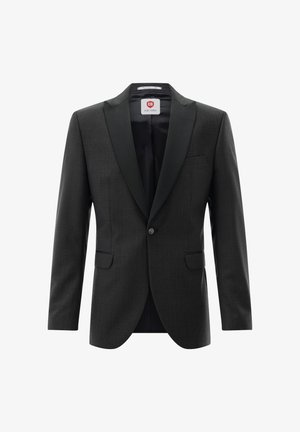 Dark gray single-button tuxedo jacket with satin peak lapels and flap pockets, designed for formal wear.
