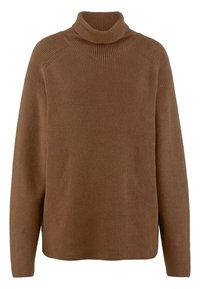 Pull en maille côtelée marron avec un col roulé texturé haut. Caractérisé par des coutures tombantes aux épaules et une coupe décontractée. Matière douce et chaude.