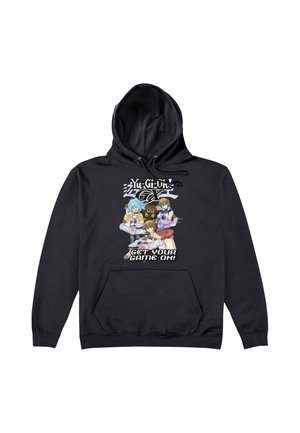 Czarna bluza z kapturem z trzema animowanymi postaciami z Yu-Gi-Oh GX trzymającymi dyski pojedynkowe z napisem „Get your game on” pod logo.