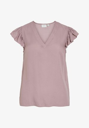 Kergelt mahedas toonis V-kaelusega ilma varrukateta pluus, millel on volangidega õlad ja pehme, siledat tekstuur. Lihtne disain ilma mustrite või aktsentideta.