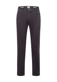 Heren donkergrijze katoenen broek met een slim fit, vijf-pocket ontwerp, knoop- en ritsluiting, en subtiele textuur.