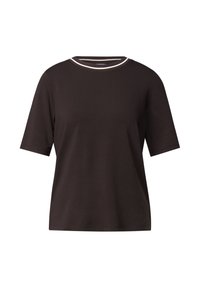 Short-sleeved, dark brown T-shirt made from soft fabric featuring a round neckline with contrasting light trim. Simple, relaxed fit.