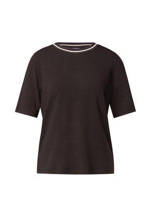 Short-sleeved, dark brown T-shirt made from soft fabric featuring a round neckline with contrasting light trim. Simple, relaxed fit.