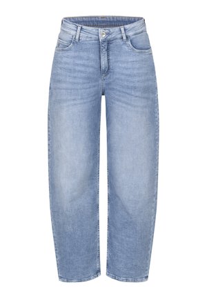 Light blue high-waist straight-leg denim jeans with button and zipper closure, front and back pockets, and belt loops.