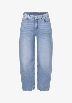 Light blue high-waist straight-leg denim jeans with button and zipper closure, front and back pockets, and belt loops.