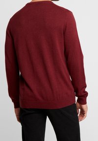 Mann, von hinten sichtbar, trägt einen langärmeligen, dunkelroten Pullover und schwarze Hose vor einem schlichten hellen Hintergrund.