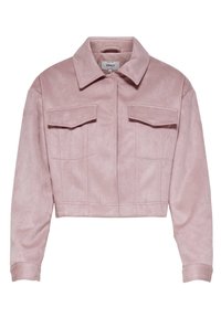 Avklippt rosa jacka i mjuk faux mocka med spetsig krage, framknäppning och två bröstfickor. Slät textur och skräddarsydd passform.