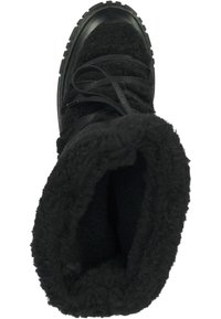 Schwarze Knöchelstiefel mit einem weichen, strukturierten Fleece-Futter, Schnürdesign und dickem, rutschfestem Sohlenprofil für bessere Bodenhaftung.