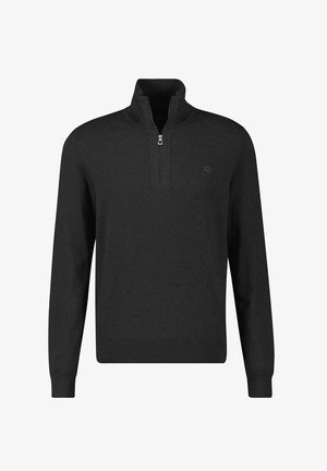 Dunkelgrauer Pullover mit einem Viertel-Reißverschluss am Kragen, gefertigt aus weichem Strickstoff. Verfügt über lange Ärmel und ein dezentes Logo auf der Brust.