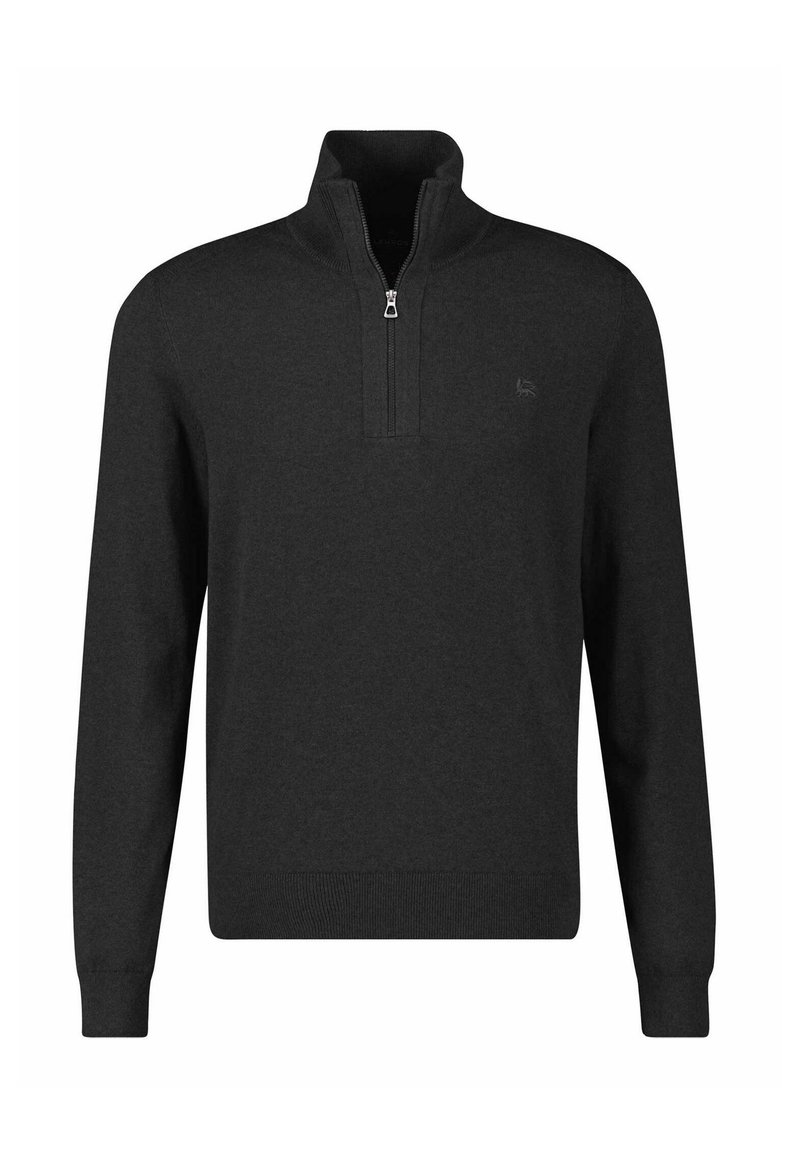 Ciemnoszary sweter z półgolfem na zamek, wykonany z miękkiej dzianiny. Posiada długie rękawy i subtelne logo na piersi.