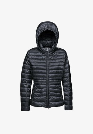 Doudoune noire avec capuche, présentant une texture matelassée, une fermeture éclair à l'avant et des poches latérales. Légère avec un design ajusté.