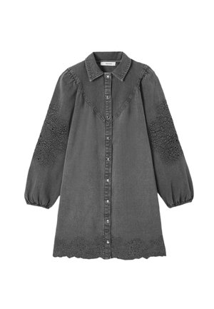 Robe en denim gris foncé à manches longues avec boutonnage frontal, manches bouffantes, col pointu et broderie florale sur les manches et l'ourlet.