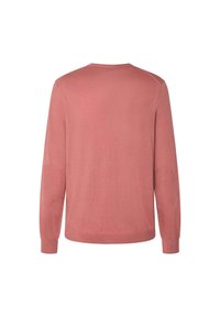 Langärmliger Pullover aus weichem Korallen-Cotton-Mix, mit gerippten Bündchen und Ellbogen-Patches, einer glatten Textur und einem klassischen Rundhalsausschnitt.