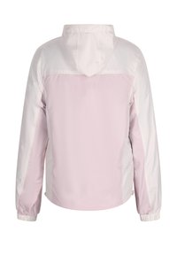 Lettet, hættejakke i pink og hvid. Har lange ærmer, elastiske manchetter og et glat, vandafvisende stof.