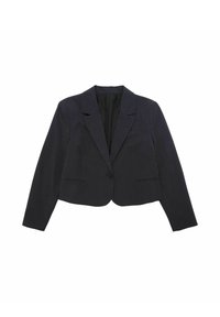 Donkerblauwe cropped blazer met een notch kraag, ééne knoopsluiting en twee voorkuiten. Gemaakt van gestructureerde stof.