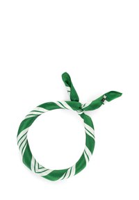 Groene zijden sjaal geknoopt in een lus, met witte diagonale strepen en een gladde textuur, met een klein logo label eraan bevestigd.