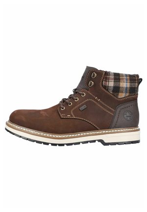 Braune Leder-Stiefelette mit einem karierte Stoffkragen, Metallösen, kontrastierenden Nähten und einer rutschfesten Gummisohle.