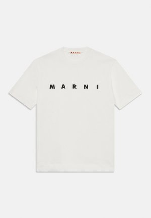 T-shirt en coton blanc avec un col rond et des manches courtes. L'avant arbore le mot "MARNI" en lettres noires en gras.
