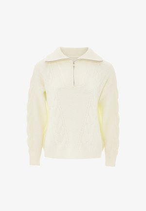Krém színű pulóver, félig cipzáros gallérral, texturált bordás kötésmintával és bordázott mandzsettákkal, kiemelve a kényelmes megjelenést.
