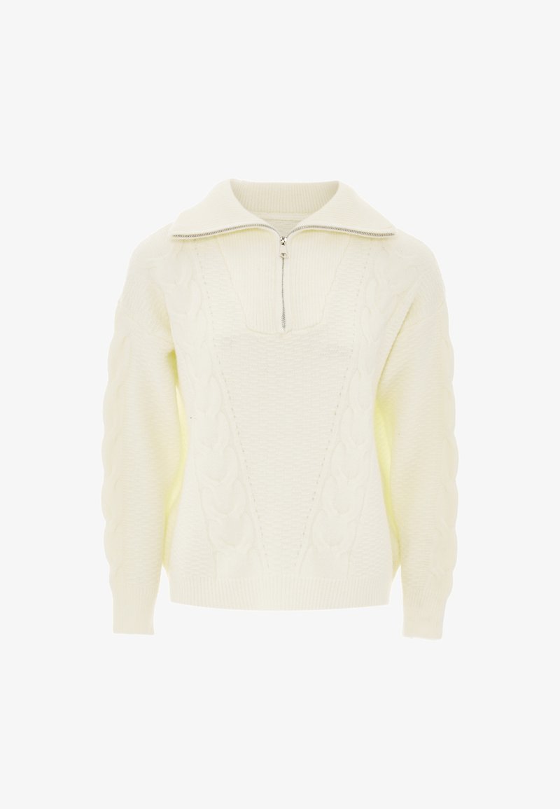 Kermanvärinen villapaita, jossa on puolivetoketjukaulus, teksturoitu palmikkoneulekuvio ja ribbaus hihansuissa, korostaen mukavaa ilmettä.