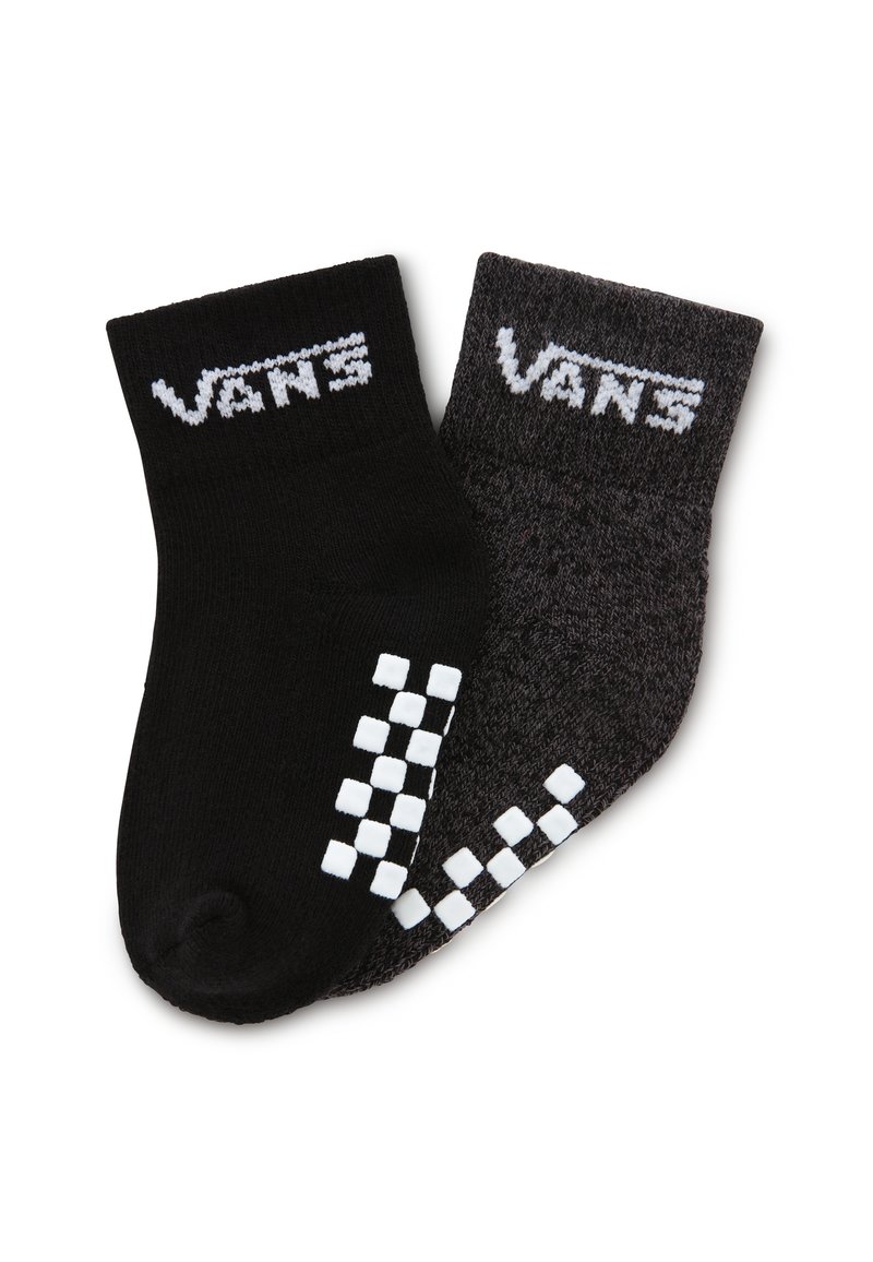 Calzini neri e grigi scuri con il logo Vans, caratterizzati da un motivo a scacchi sulla punta del calzino nero. Tessuto a maglia morbido, lunghezza alla caviglia.