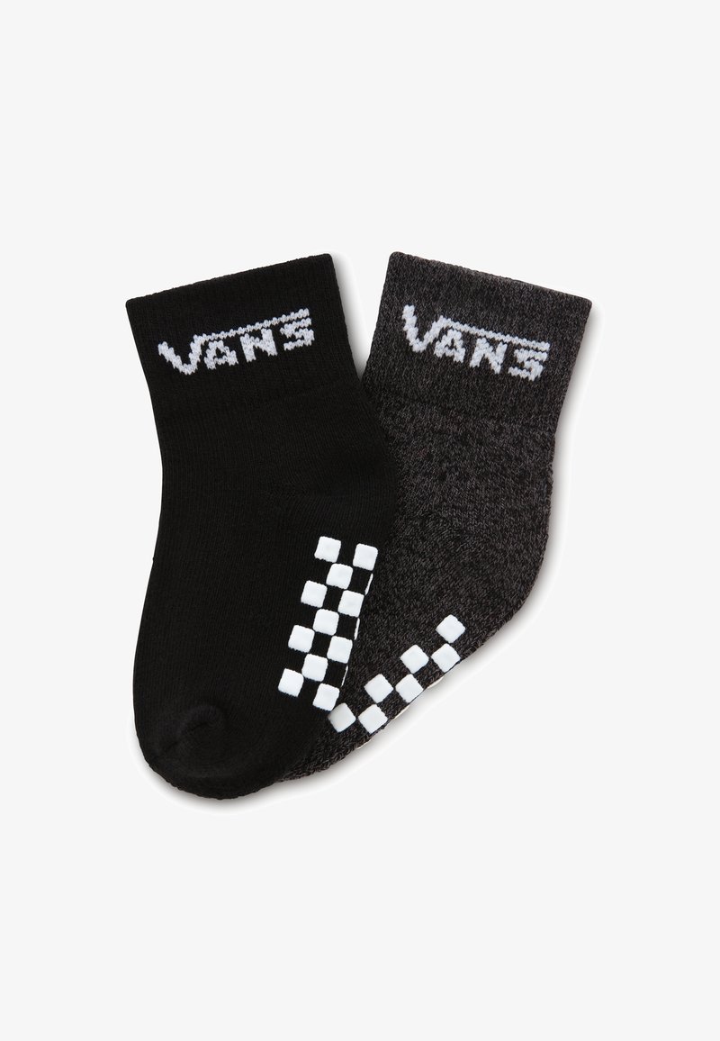 Sorte og mørkegrå sokker med Vans-logo, med et ternet mønster på tåen af den sorte sok. Blødt strikket stof, ankellængde.
