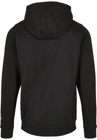 Sort hætte sweatshirt lavet af et blødt materiale, med en glat tekstur, en kænguru lomme og ribbede manchetter og kant.