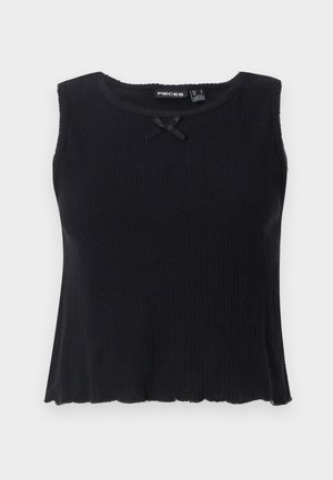 Fekete bordás ujjatlan top kerek nyakkivágással, elöl egy kis fekete masnival díszítve. Bővülő alj és texturált anyag.