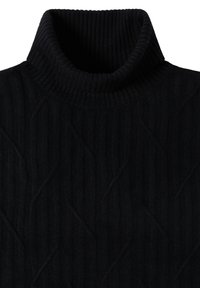 Pull en col roulé noir avec une texture côtelée et un subtil motif de côtes. Doté d'un col haut et de manches longues. Tissu doux.